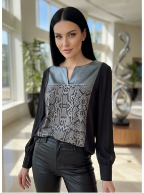 Alfani Women’s Black Gray Snake Print Faux Leather Sheer Sleeves Blouse Size M